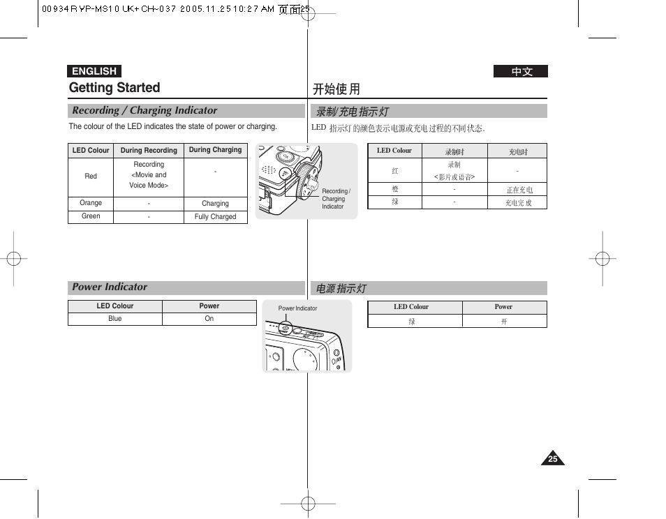 Getting started, Recording / charging indicator power indicator | Samsung VP - MS12(BL) User Manual | Page 25 / 156