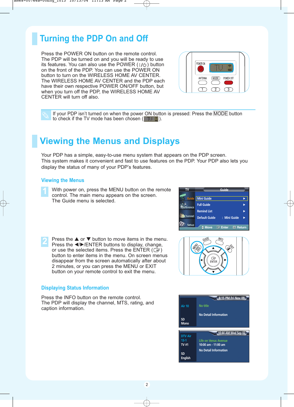 Turning the pdp on and off, Viewing the menus and displays | Samsung HP-P5091 User Manual | Page 2 / 12