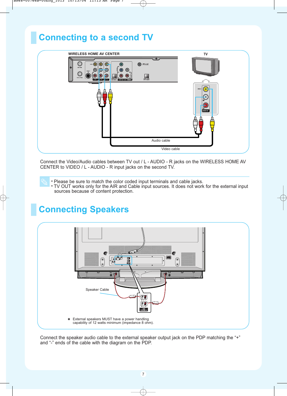 Connecting to a second tv, Connecting speakers | Samsung HP-P5091 User Manual | Page 7 / 12