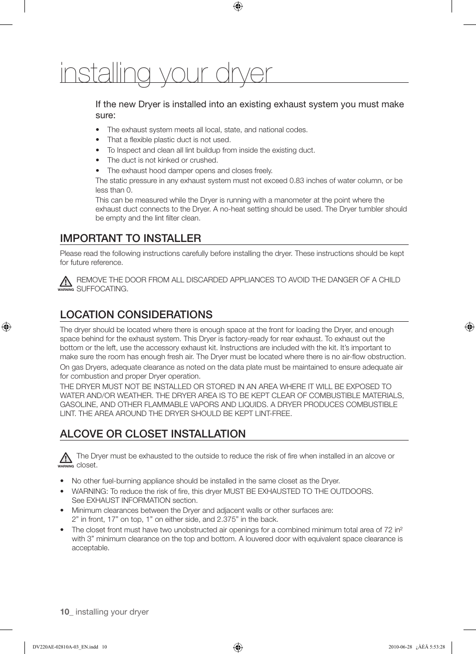 Installing your dryer, Important to installer, Location considerations | Alcove or closet installation | Samsung DV220AG* User Manual | Page 10 / 68