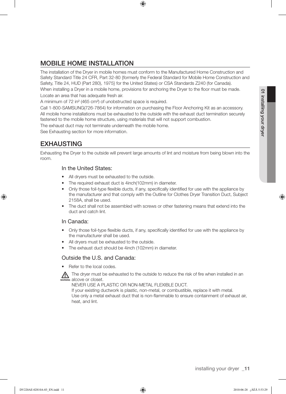 Mobile home installation, Exhausting | Samsung DV220AG* User Manual | Page 11 / 68