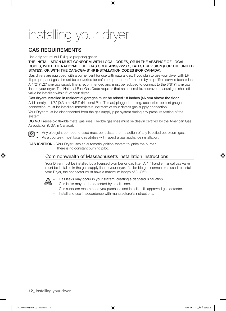 Installing your dryer, Gas requirements | Samsung DV220AG* User Manual | Page 12 / 68