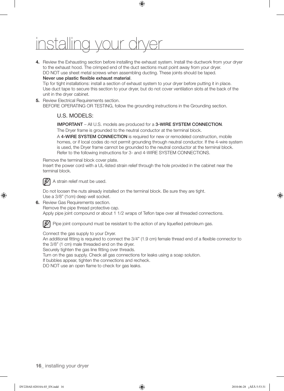 Installing your dryer | Samsung DV220AG* User Manual | Page 16 / 68