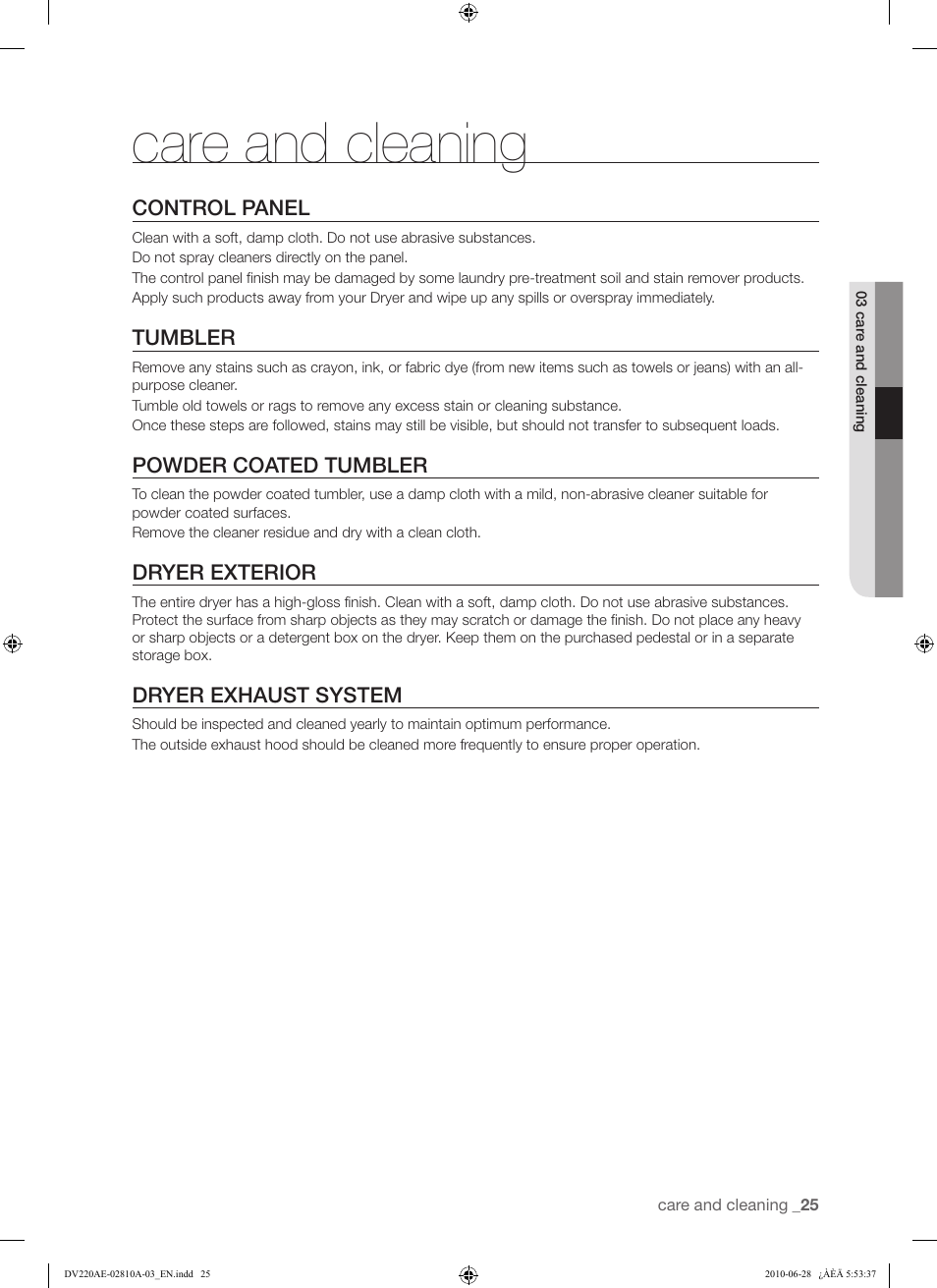 Care and cleaning | Samsung DV220AG* User Manual | Page 25 / 68