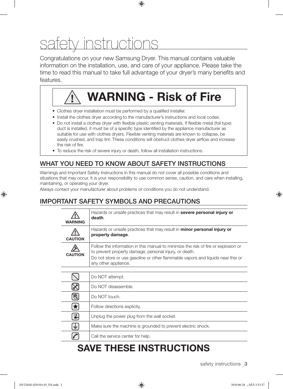Safety instructions, Warning - risk of fire, Save these instructions | Samsung DV220AG* User Manual | Page 3 / 68