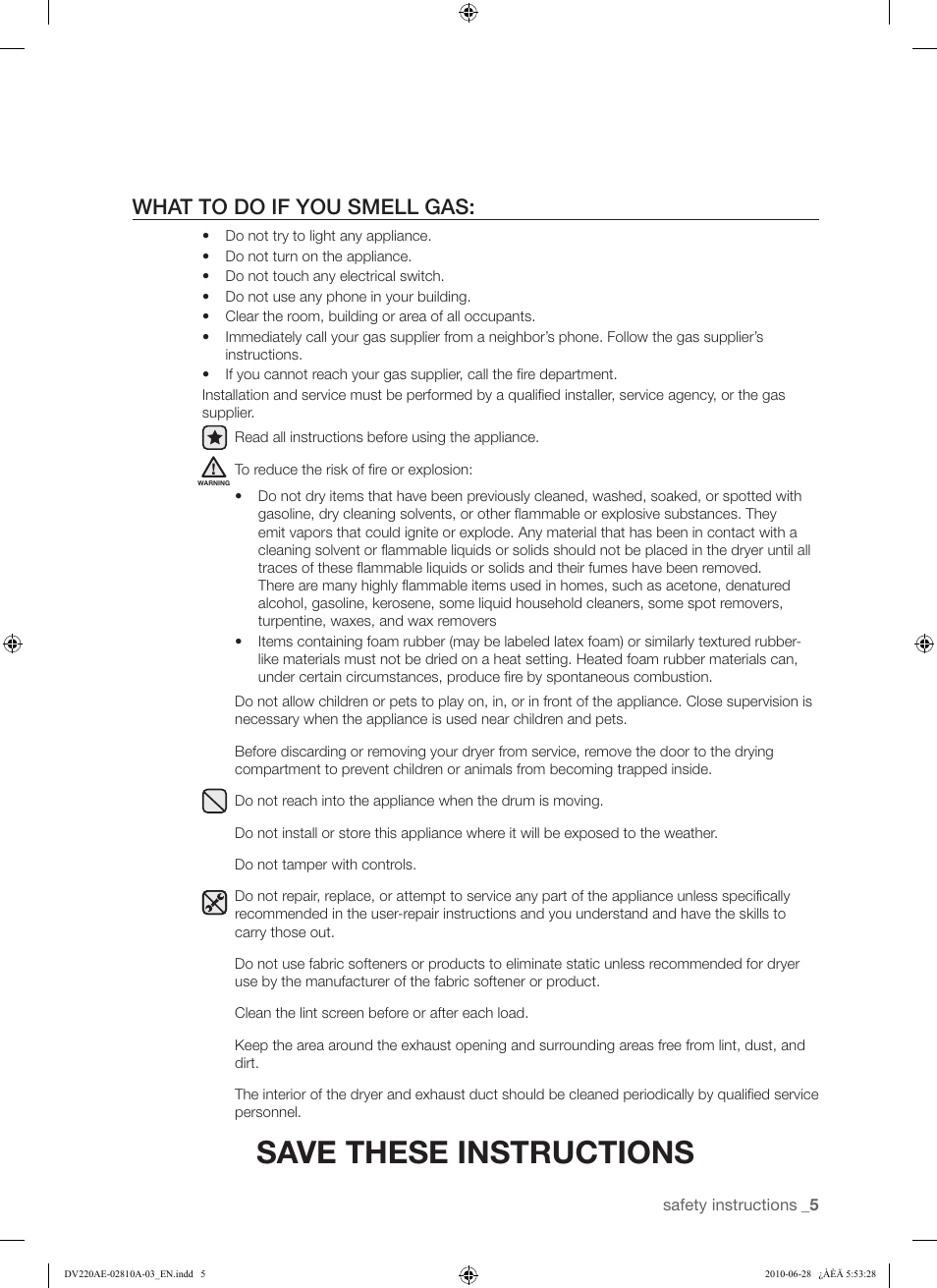 Save these instructions, What to do if you smell gas | Samsung DV220AG* User Manual | Page 5 / 68