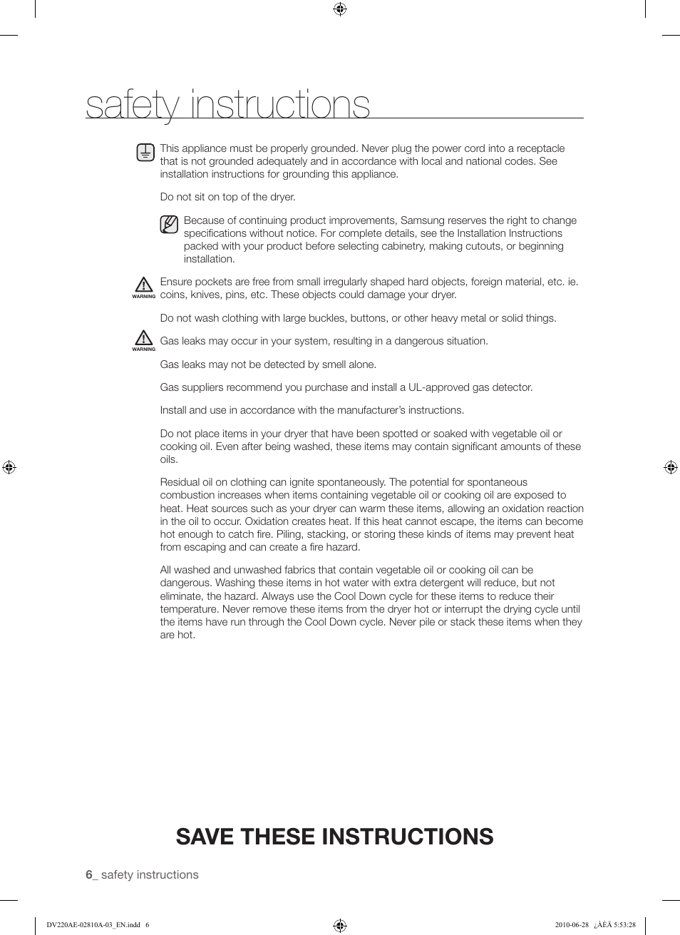 Safety instructions, Save these instructions | Samsung DV220AG* User Manual | Page 6 / 68