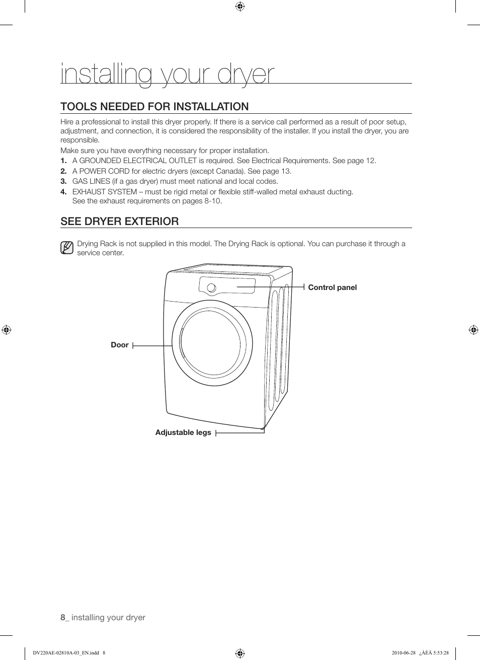 Installing your dryer | Samsung DV220AG* User Manual | Page 8 / 68