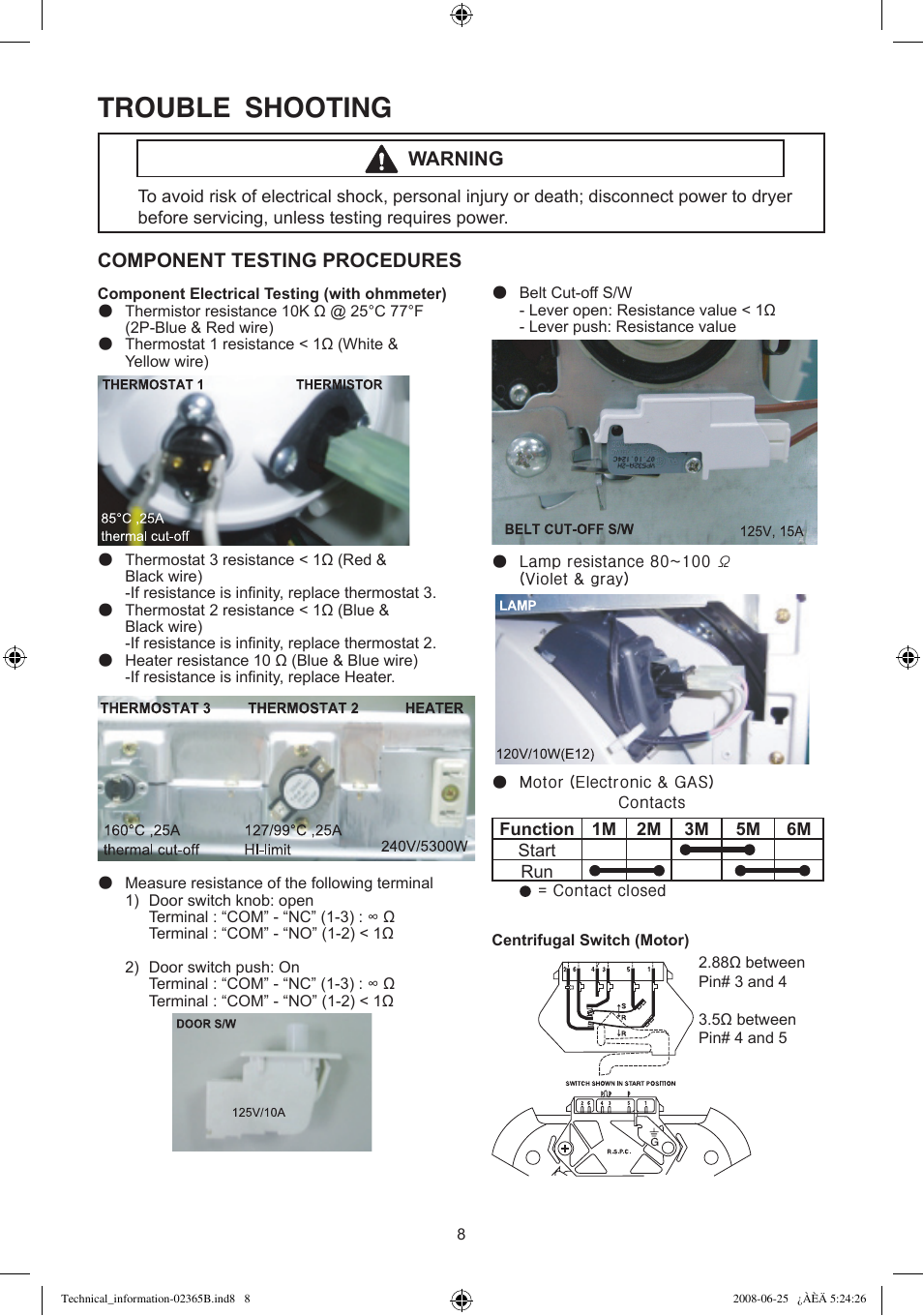 Trouble shooting, Component testing procedures, Warning | Samsung DV438. User Manual | Page 8 / 12