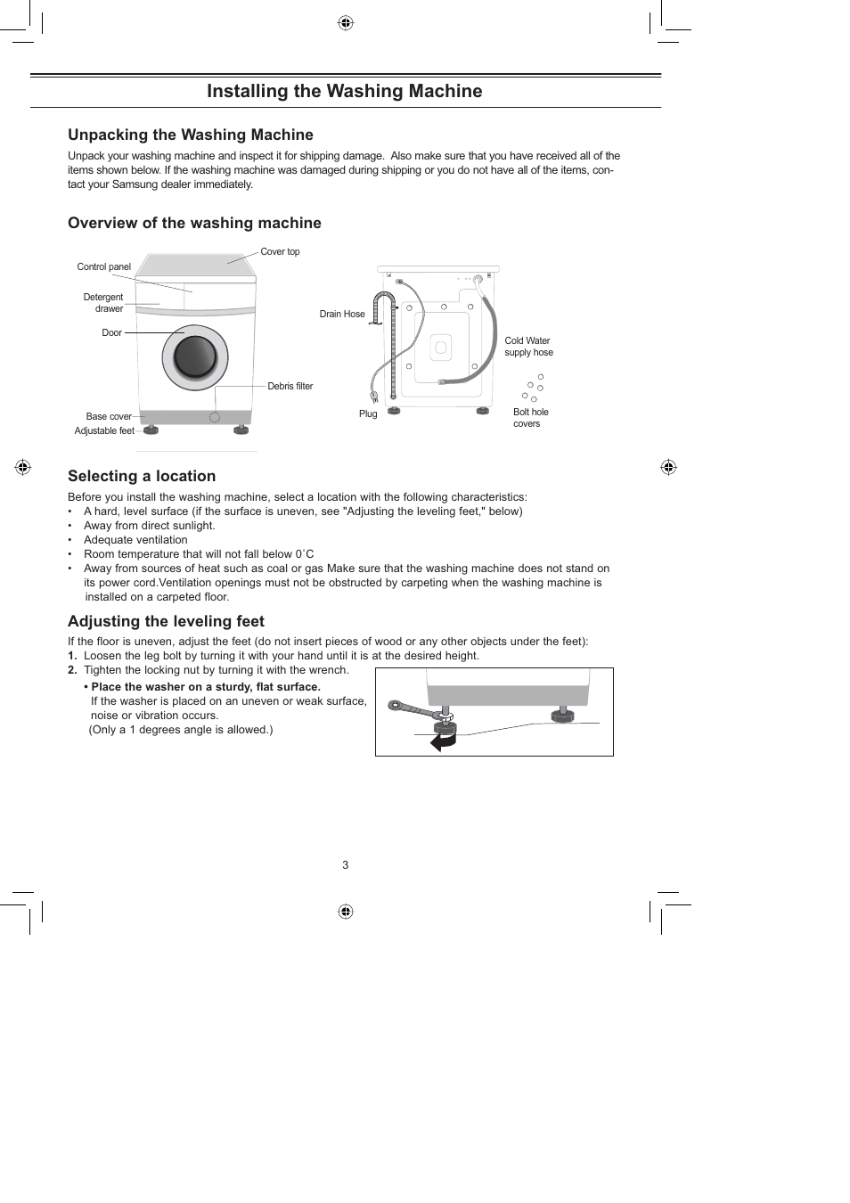 Installing the washing machine, Unpacking the washing machine, Overview of the washing machine | Selecting a location, Adjusting the leveling feet | Samsung J1253 (V/S) User Manual | Page 3 / 12