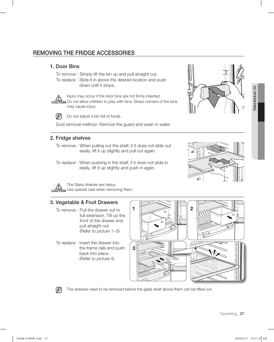 Removing the fridge accessories, Fridge shelves, Door bins | Vegetable & fruit drawers | Samsung RF217AB User Manual | Page 27 / 34