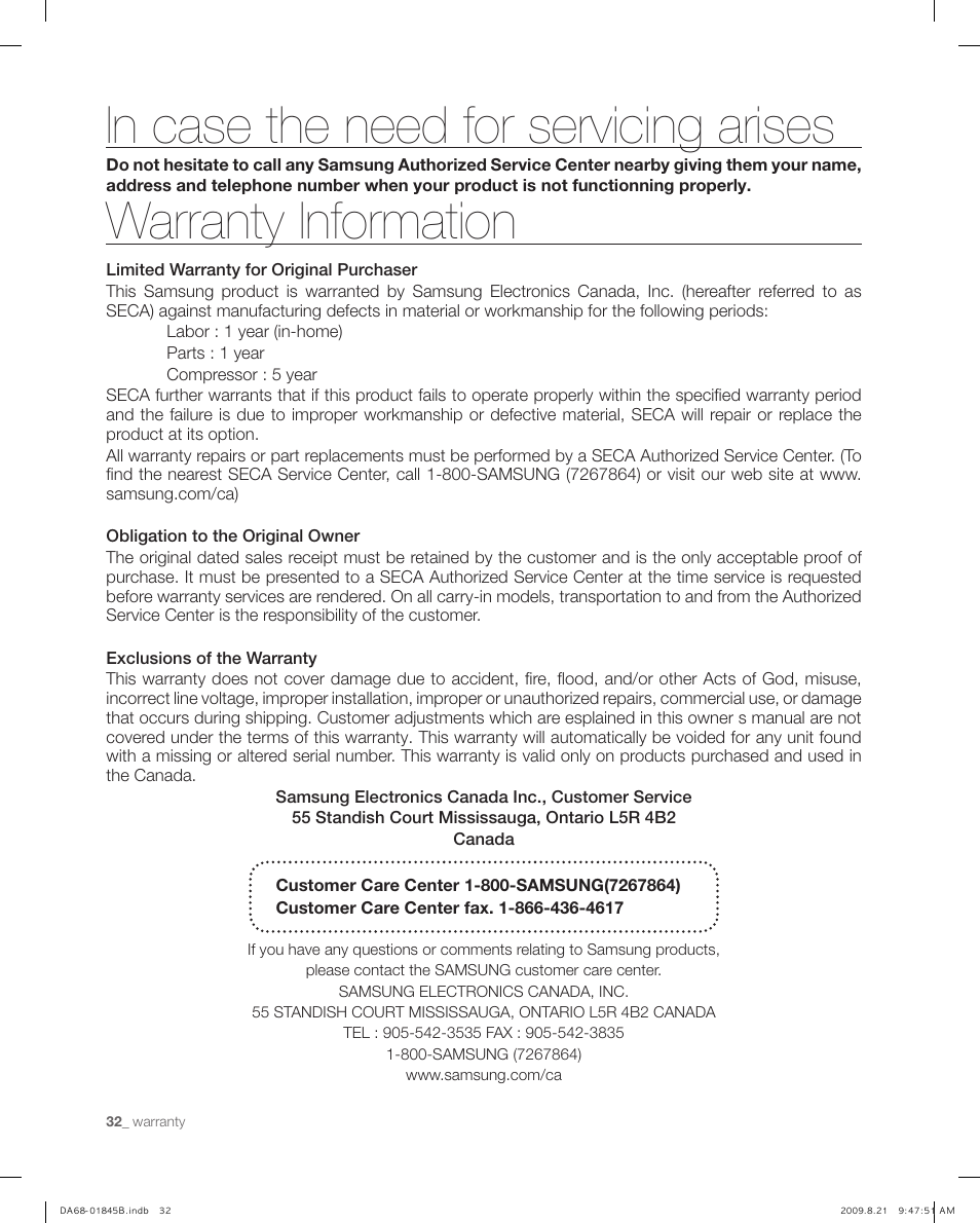 In case the need for servicing arises, Warranty information | Samsung RF217AB User Manual | Page 32 / 34