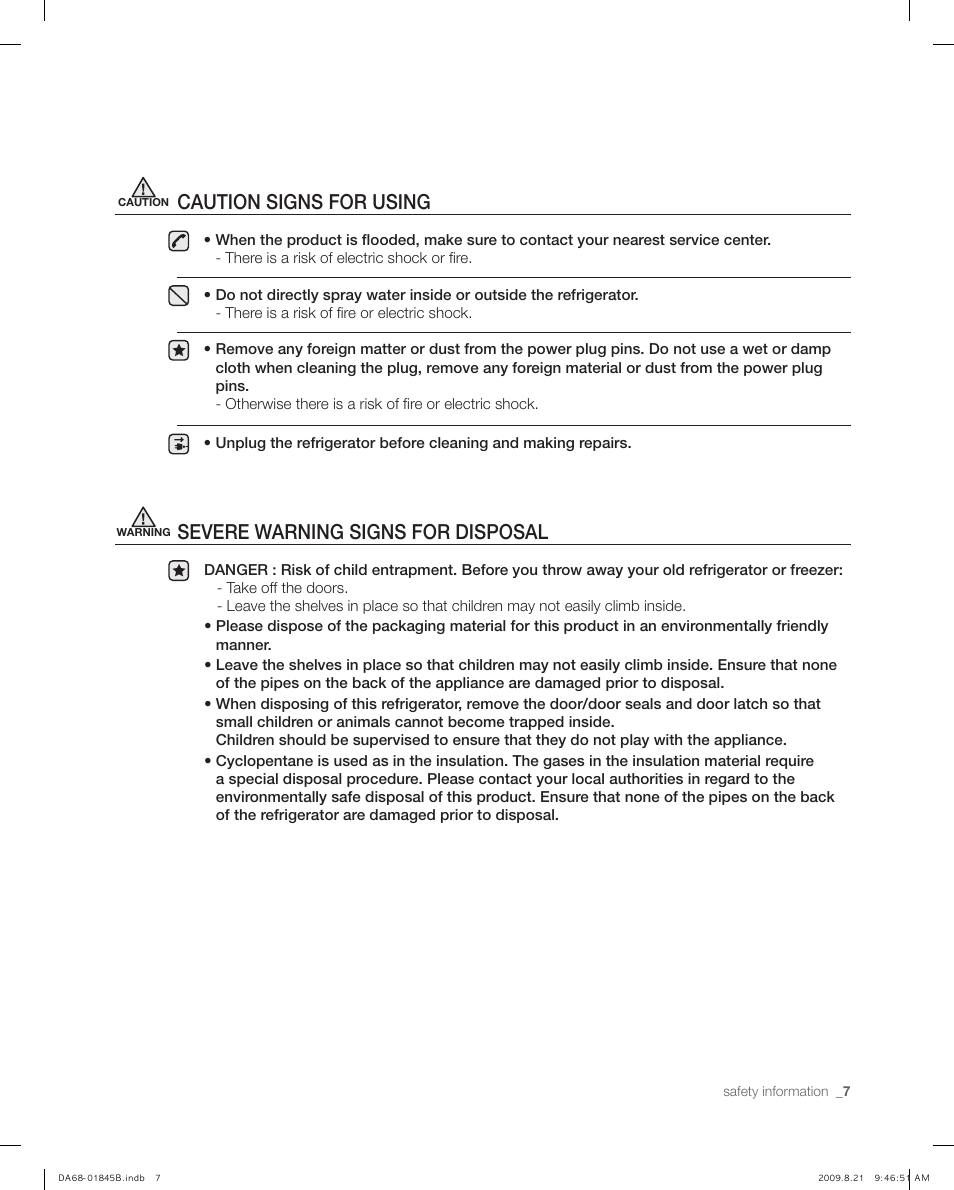 Severe warnin g si gns for disp osalal, Severe warning signs for disposal, Caution signs for using | Samsung RF217AB User Manual | Page 7 / 34