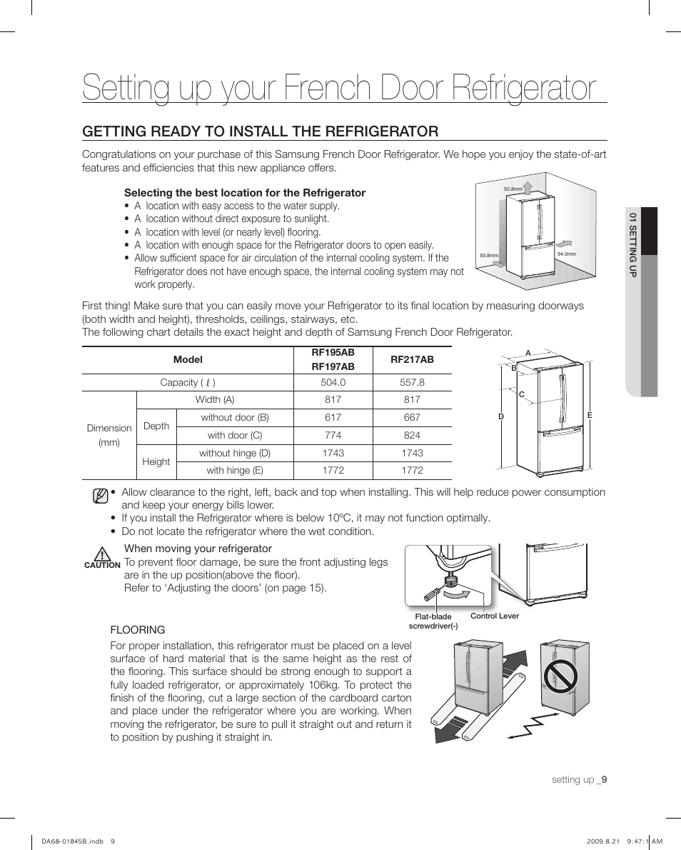 Setting up your french door refrigerator, Getting ready to install the refrigerator | Samsung RF217AB User Manual | Page 9 / 34