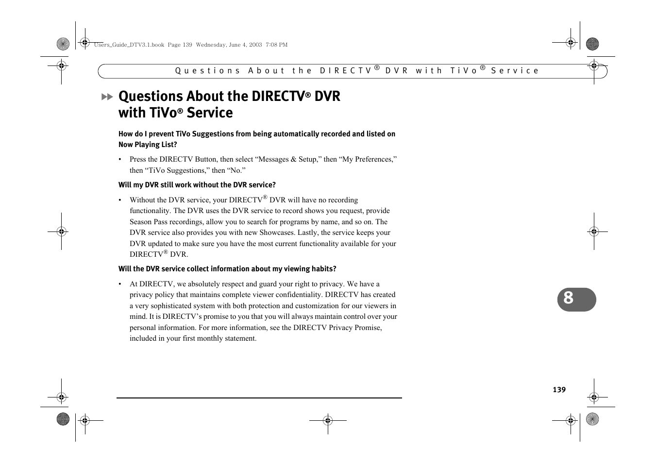 Questions about the directv dvr with tivo service, Questions about the directv, Dvr with tivo | Service | Samsung SIR-S4080R User Manual | Page 148 / 175