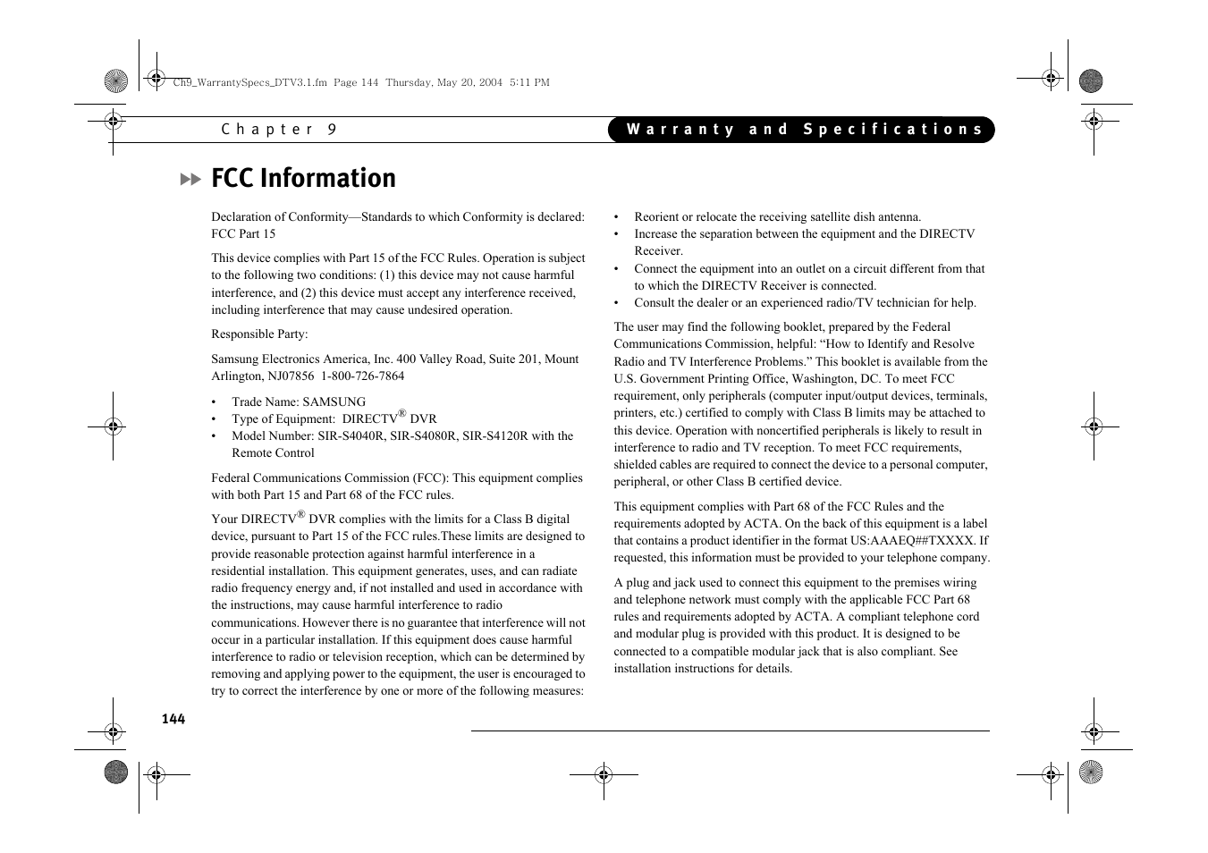 Fcc information | Samsung SIR-S4080R User Manual | Page 153 / 175