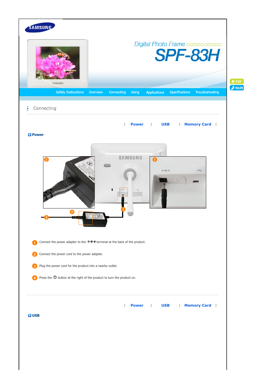 Power, Memory card | Samsung SPF-83H User Manual | Page 12 / 27