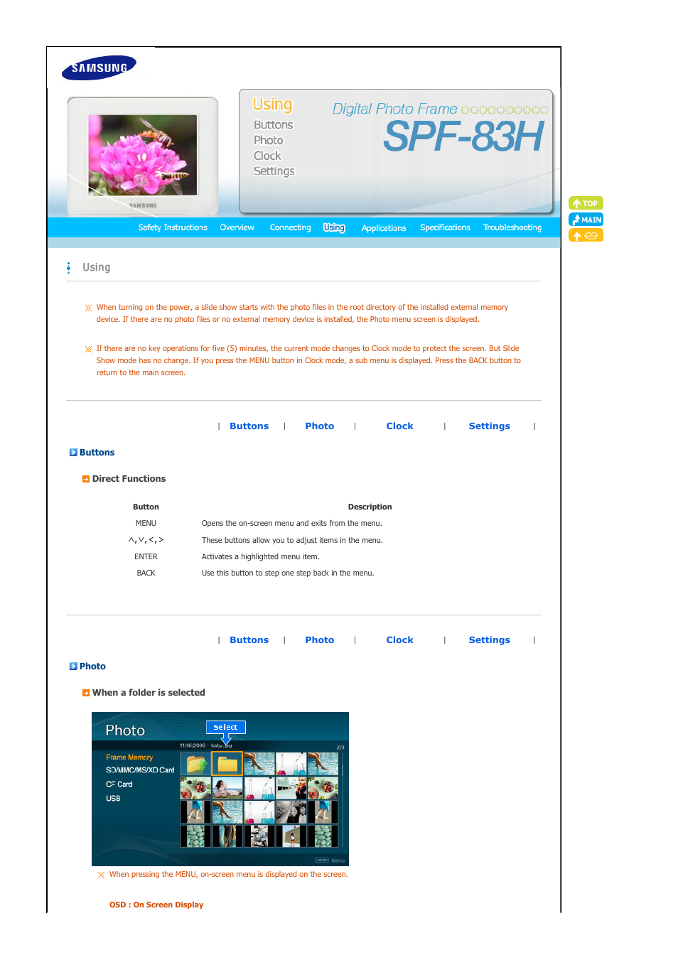 Buttons, Photos | Samsung SPF-83H User Manual | Page 15 / 27