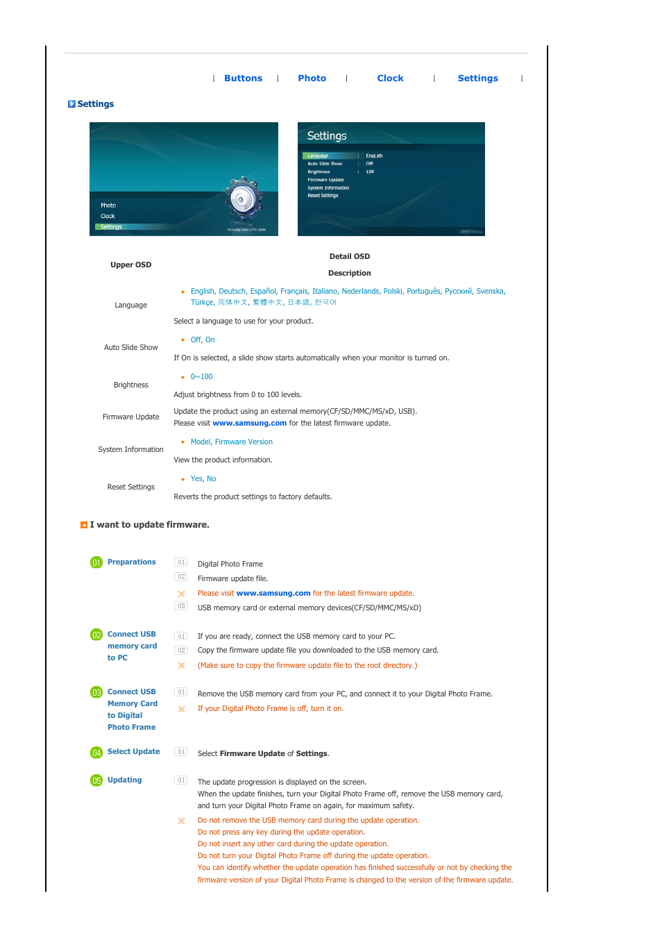 Settings, Applications | Samsung SPF-83H User Manual | Page 18 / 27