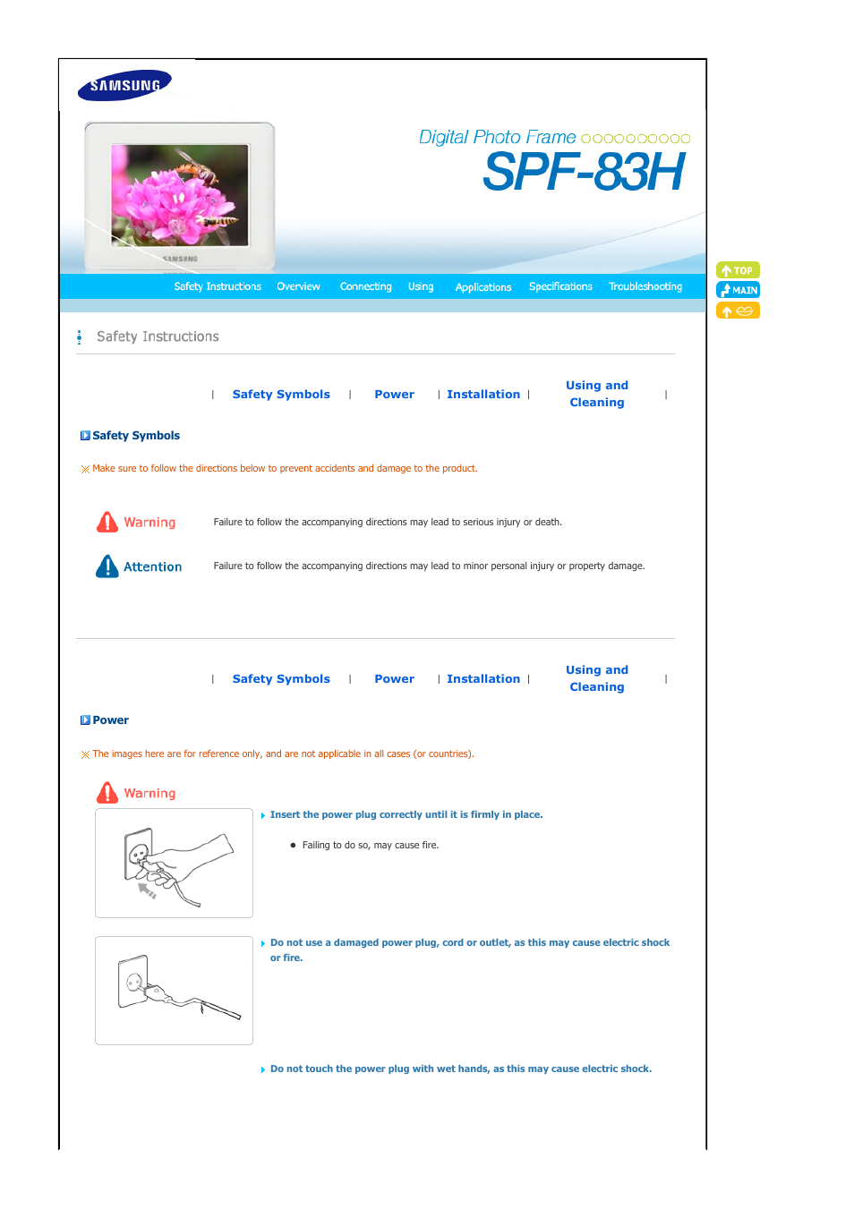 Safety instructions, Safety symbols, Power | Installation | Samsung SPF-83H User Manual | Page 2 / 27
