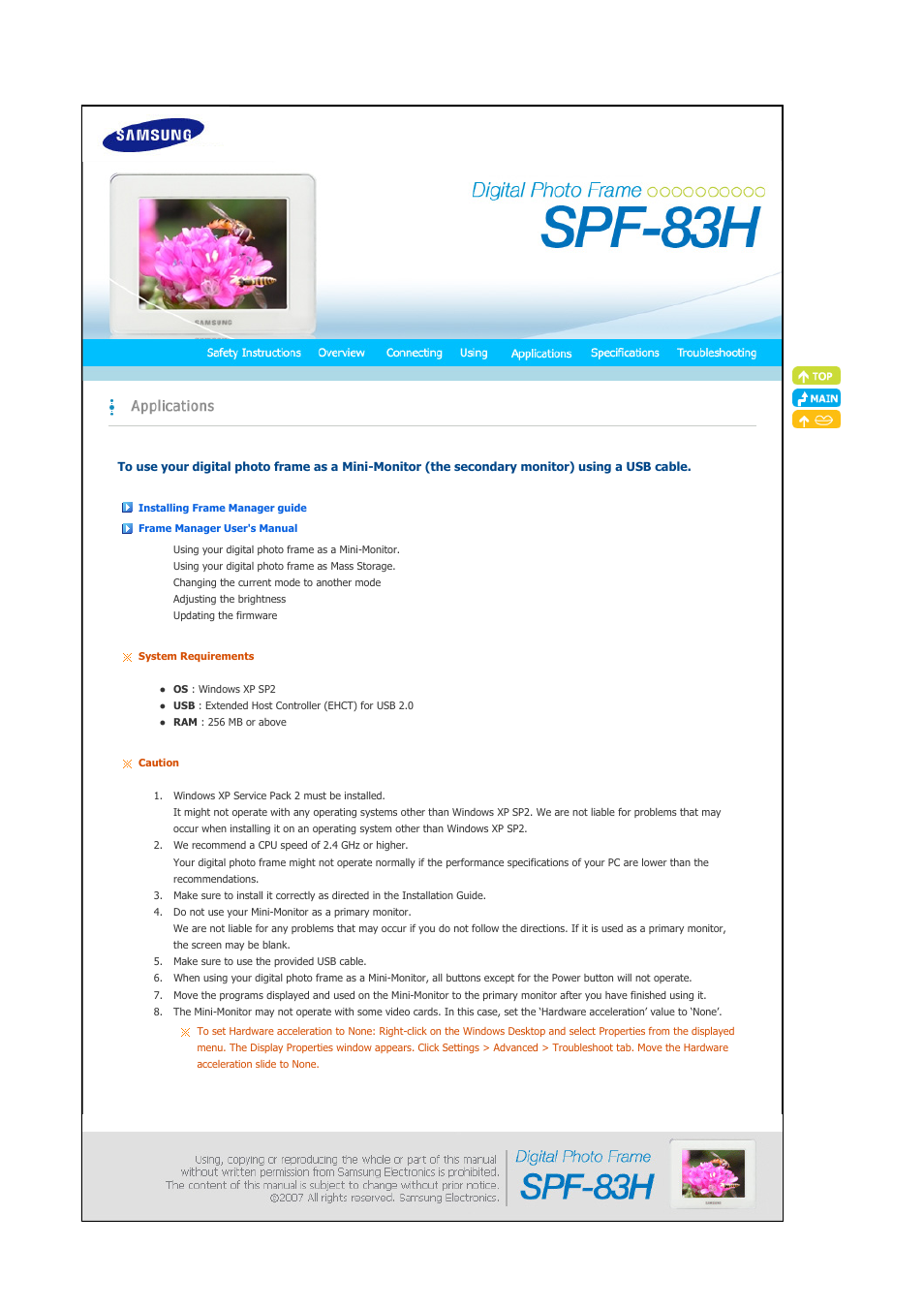Installing frame manager guide, Frame manager user's manual, Specifications | Samsung SPF-83H User Manual | Page 20 / 27