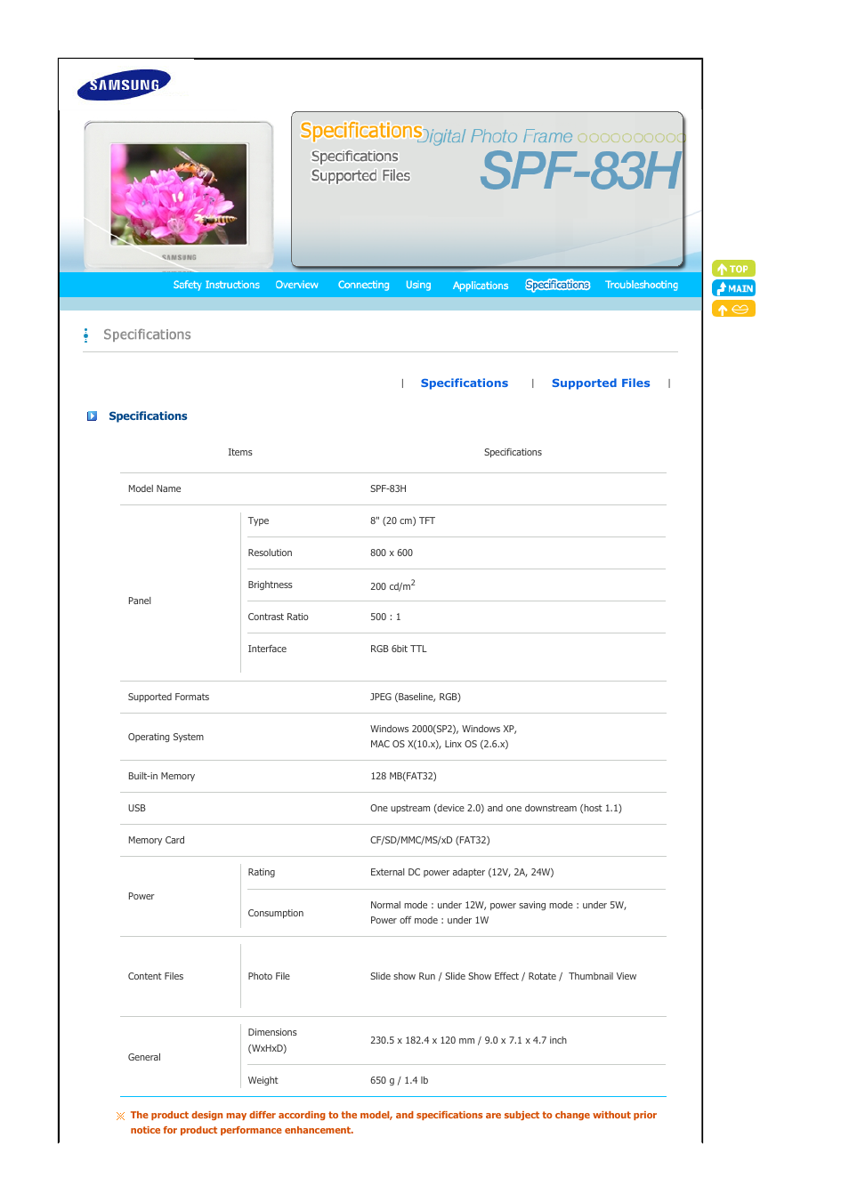 Specifications, Supported files | Samsung SPF-83H User Manual | Page 21 / 27