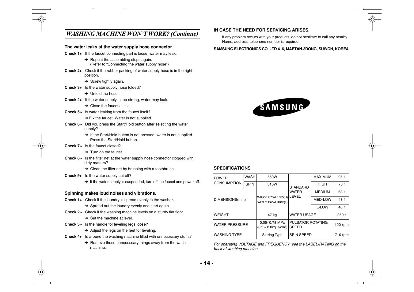 Specifications, Washing machine won’t work? (continue) | Samsung Washing Maching User Manual | Page 14 / 14