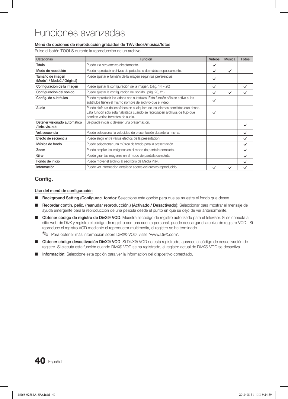 Funciones avanzadas, Config | Samsung 750 User Manual | Page 100 / 184