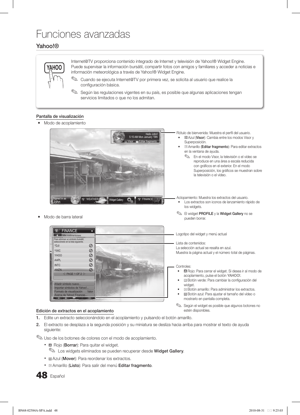 Funciones avanzadas, Yahoo ch list, Yahoo | Tv internet | Samsung 750 User Manual | Page 108 / 184