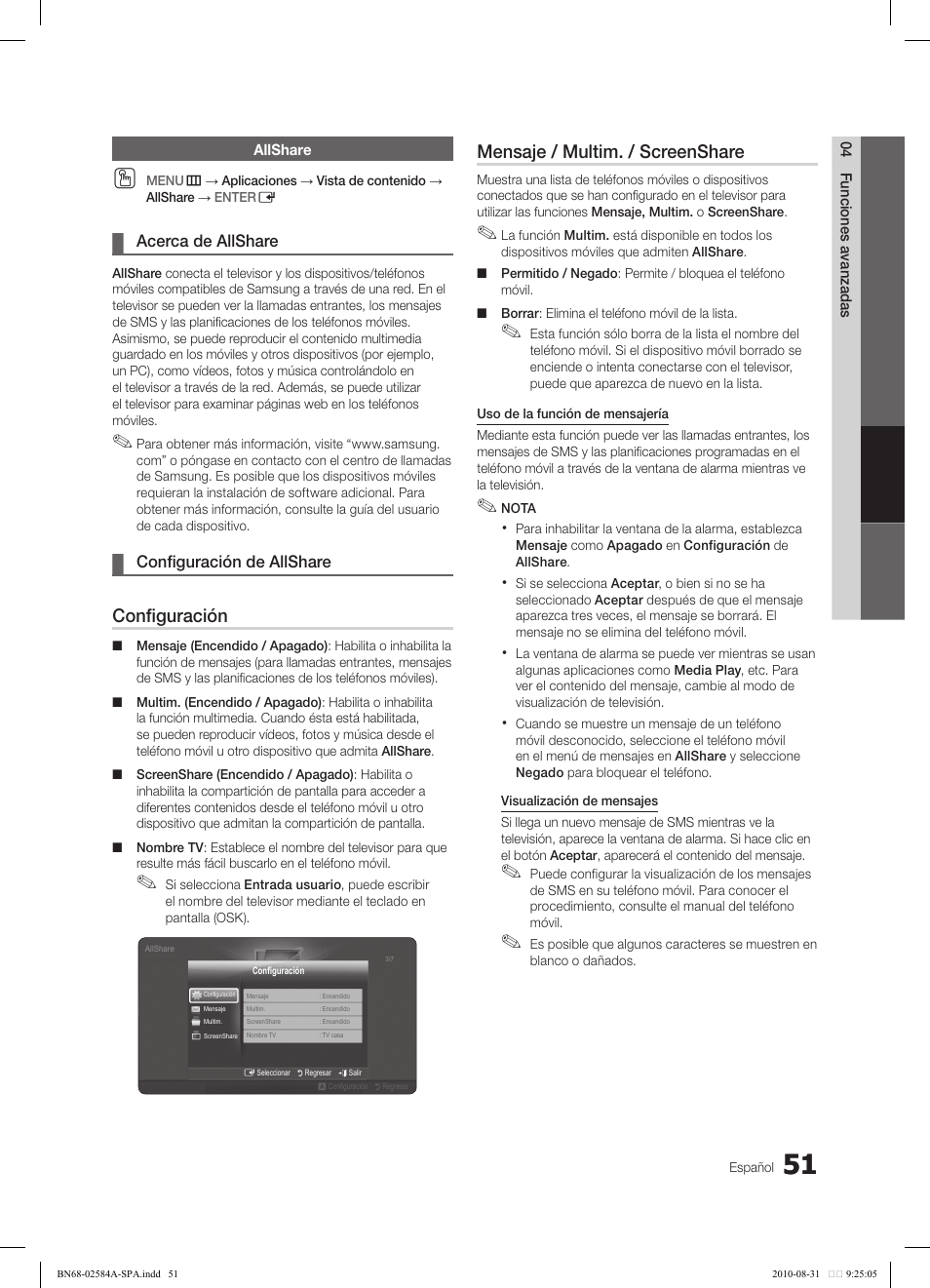 Configuración, Mensaje / multim. / screenshare | Samsung 750 User Manual | Page 111 / 184