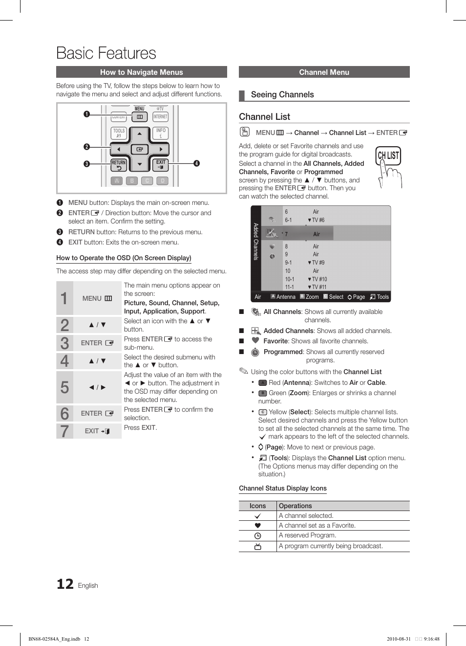 Basic features, Yahoo ch list, Channel list | Tv internet | Samsung 750 User Manual | Page 12 / 184