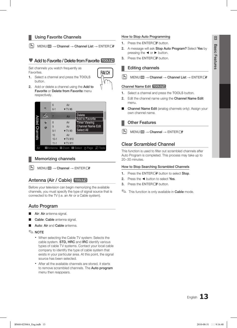 Yahoo ch list, Add to favorite / delete from favorite, Antenna (air / cable) | Auto program, Clear scrambled channel, Tv internet | Samsung 750 User Manual | Page 13 / 184
