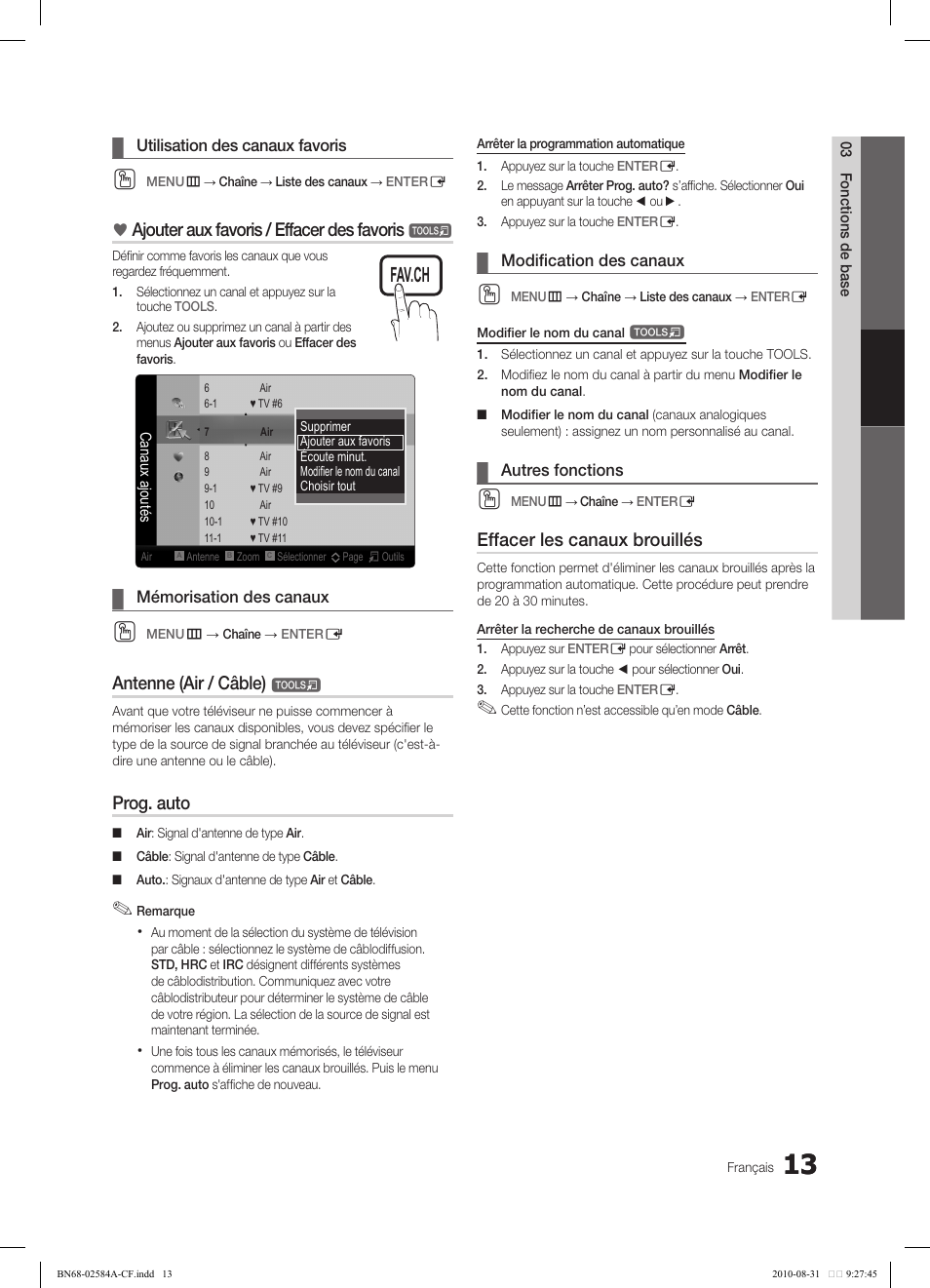 Ajouter aux favoris / effacer des favoris, Antenne (air / câble), Prog. auto | Effacer les canaux brouillés | Samsung 750 User Manual | Page 135 / 184