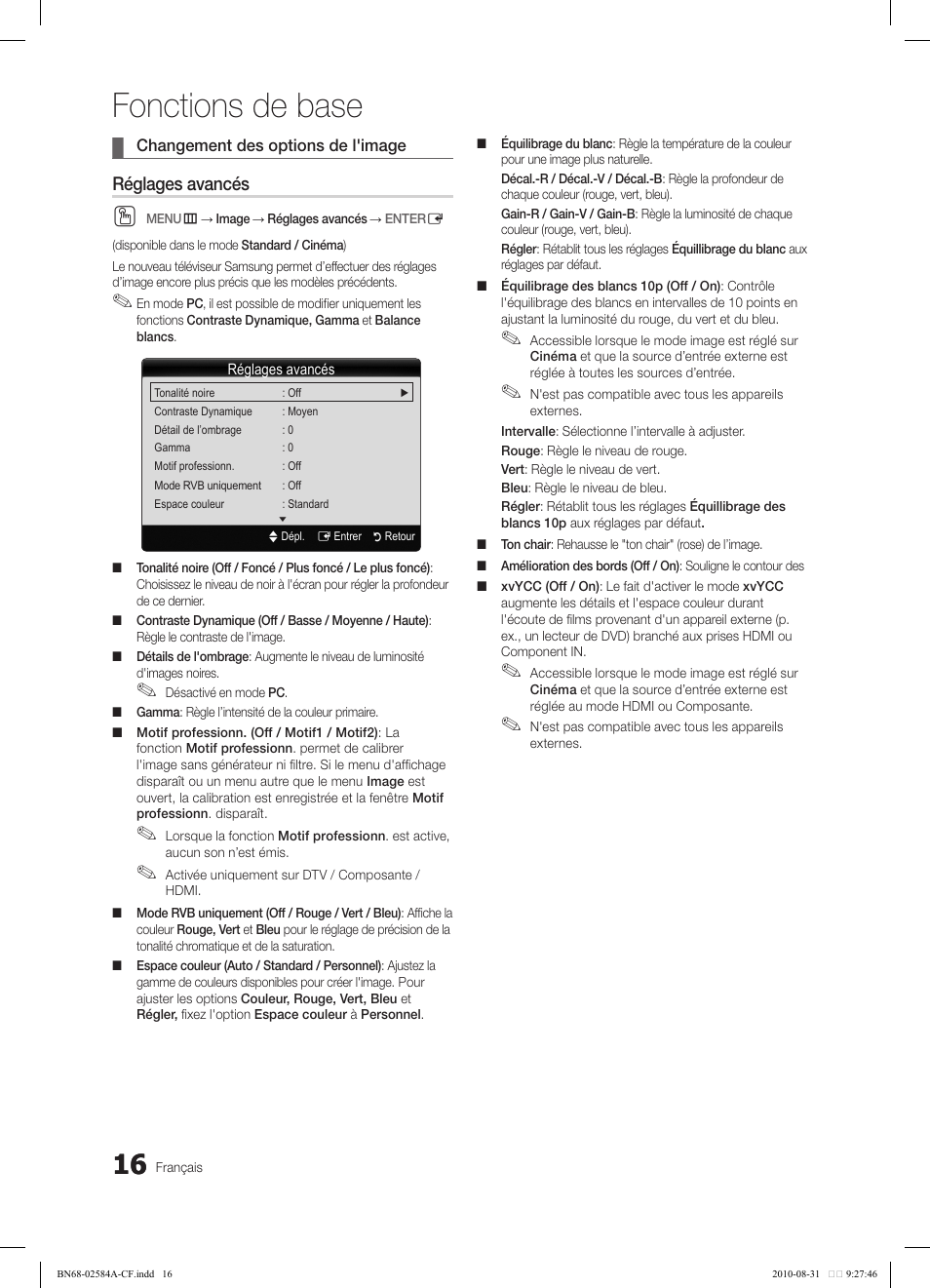 Fonctions de base, Réglages avancés | Samsung 750 User Manual | Page 138 / 184
