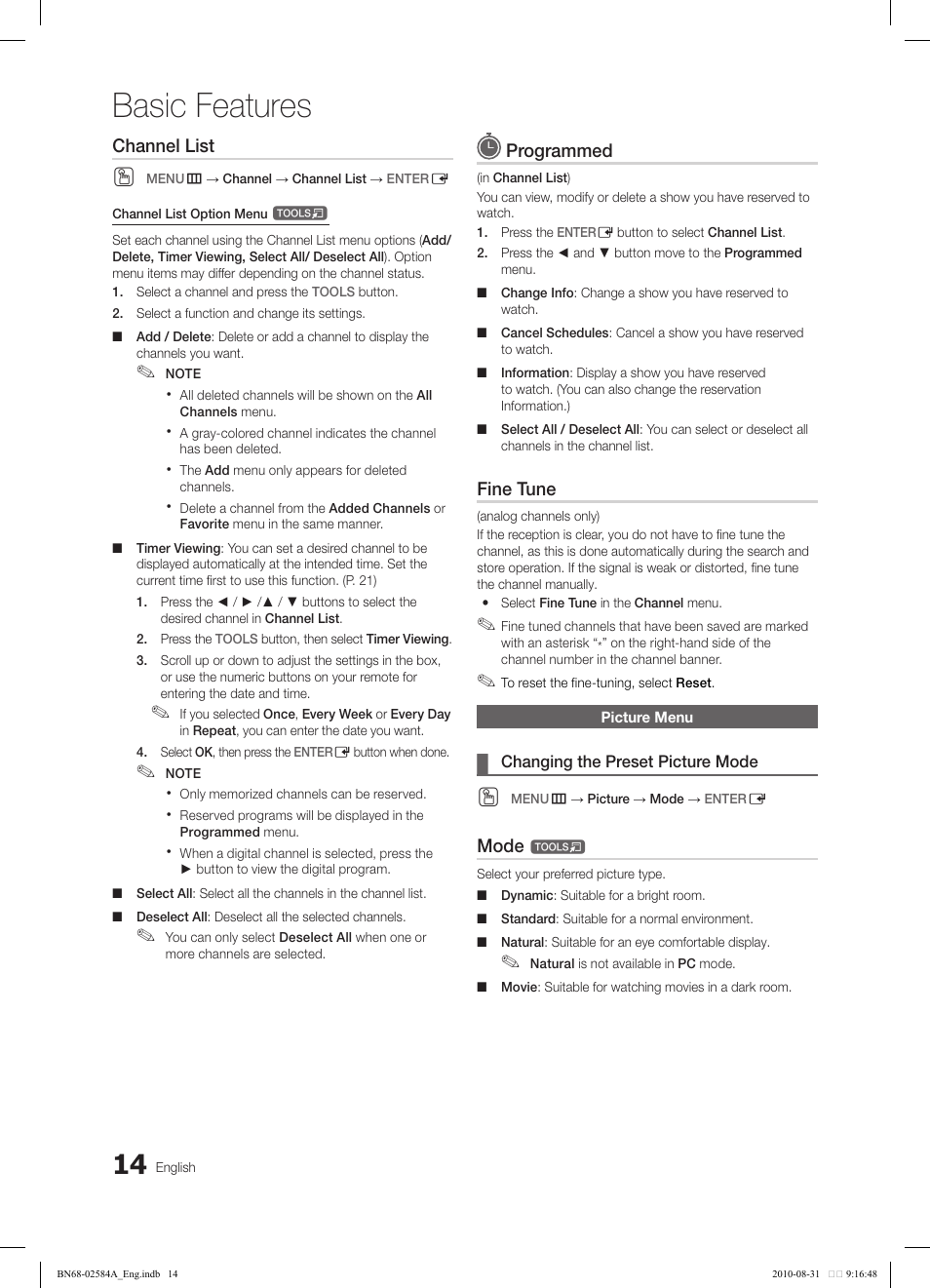 Basic features, Channel list, Programmed | Fine tune, Mode | Samsung 750 User Manual | Page 14 / 184
