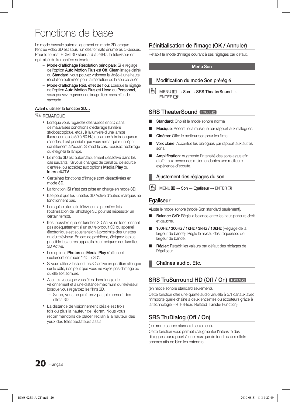Fonctions de base, Réinitialisation de l'image (ok / annuler), Srs theatersound | Egaliseur, Srs trusurround hd (off / on), Srs trudialog (off / on) | Samsung 750 User Manual | Page 142 / 184