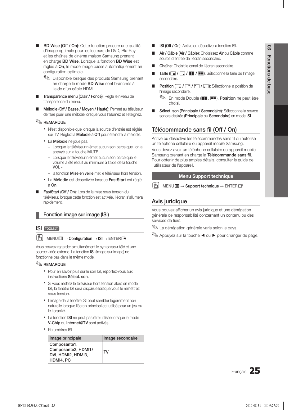 Télécommande sans fil (off / on), Avis juridique | Samsung 750 User Manual | Page 147 / 184