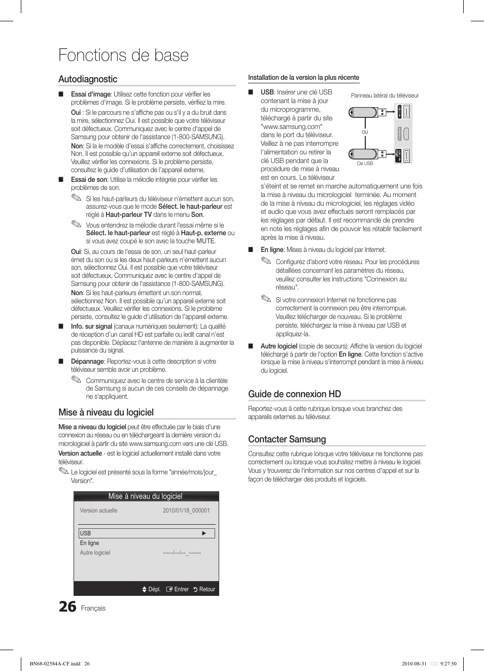 Fonctions de base, Autodiagnostic, Mise à niveau du logiciel | Guide de connexion hd, Contacter samsung | Samsung 750 User Manual | Page 148 / 184