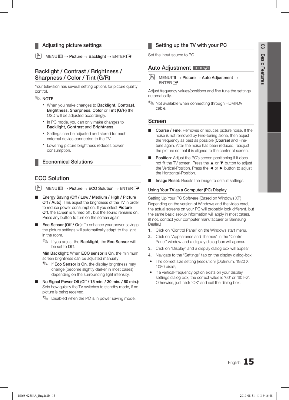 Eco solution, Auto adjustment, Screen | Samsung 750 User Manual | Page 15 / 184