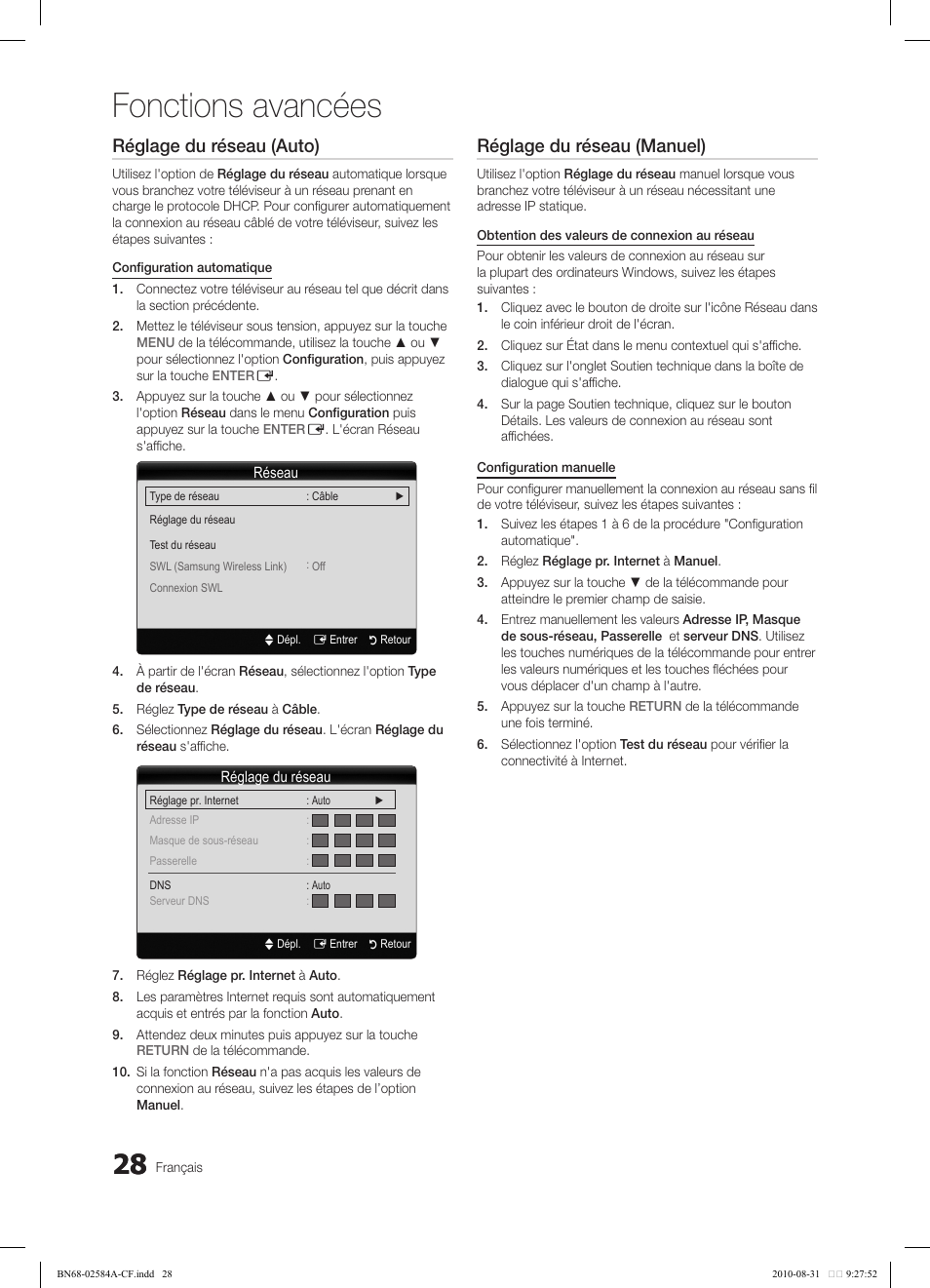 Fonctions avancées, Réglage du réseau (auto), Réglage du réseau (manuel) | Samsung 750 User Manual | Page 150 / 184