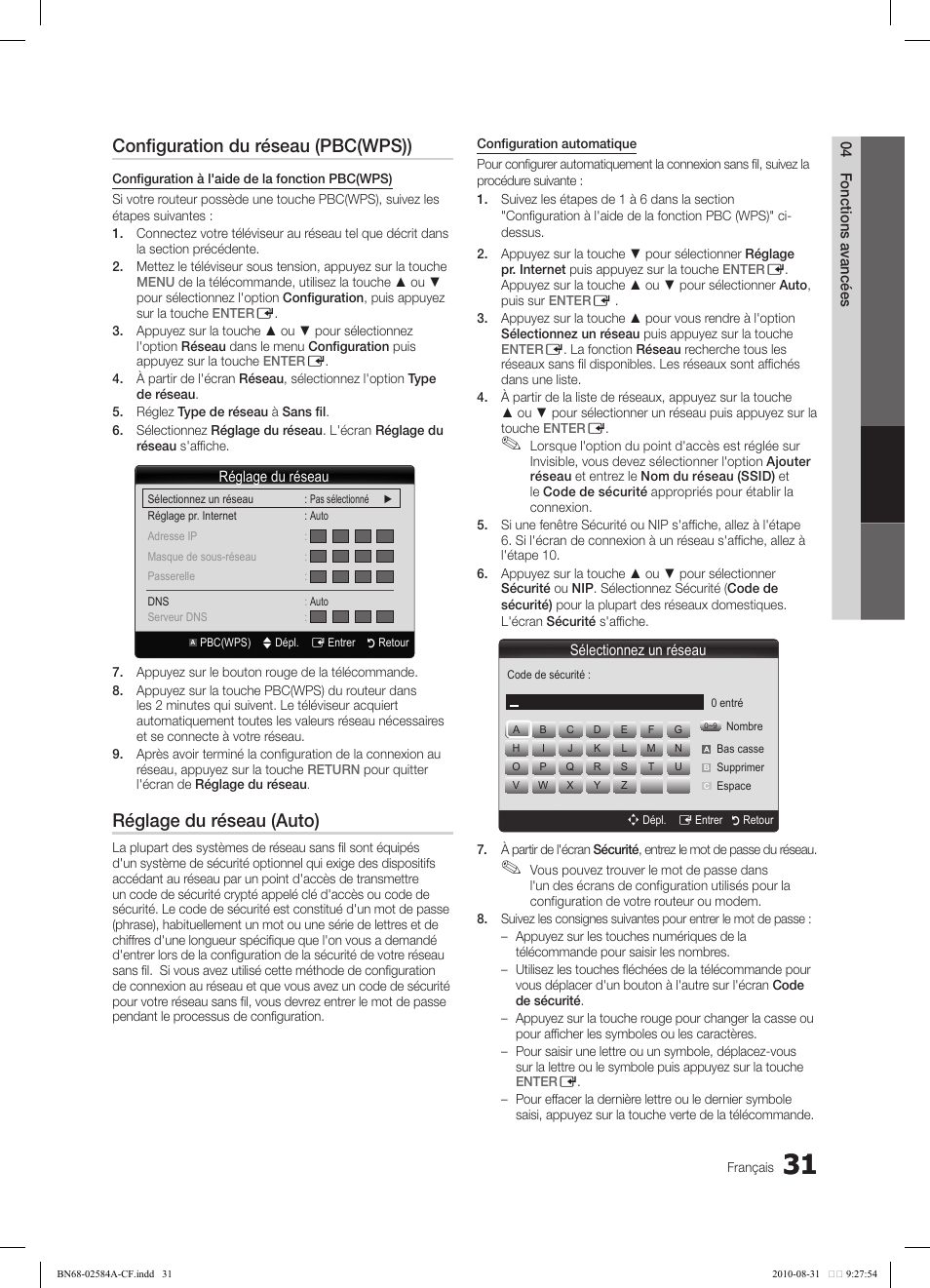Configuration du réseau (pbc(wps)), Réglage du réseau (auto) | Samsung 750 User Manual | Page 153 / 184