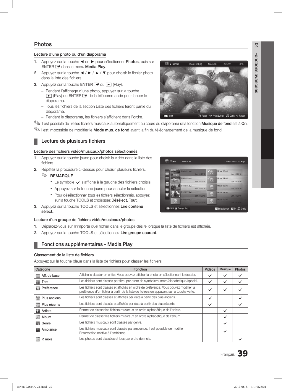 Photos, Lecture de plusieurs fichiers, Fonctions supplémentaires - media play | Samsung 750 User Manual | Page 161 / 184