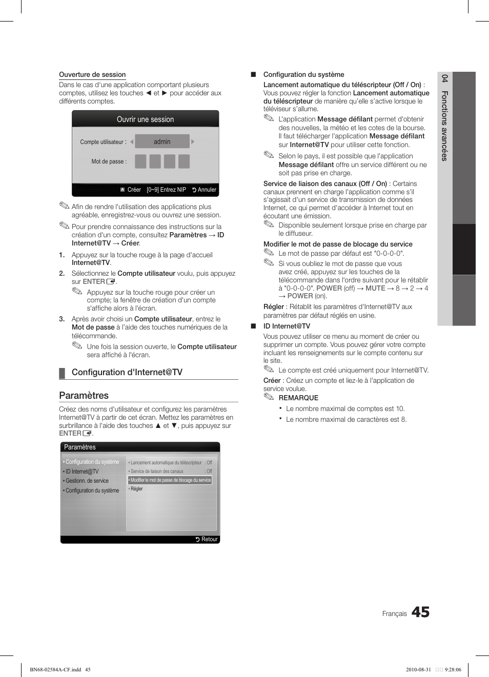 Paramètres | Samsung 750 User Manual | Page 167 / 184