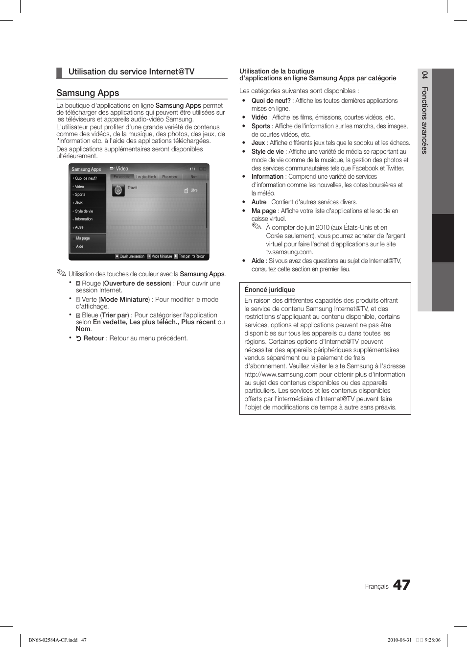 Samsung apps, Utilisation du service internet@tv | Samsung 750 User Manual | Page 169 / 184