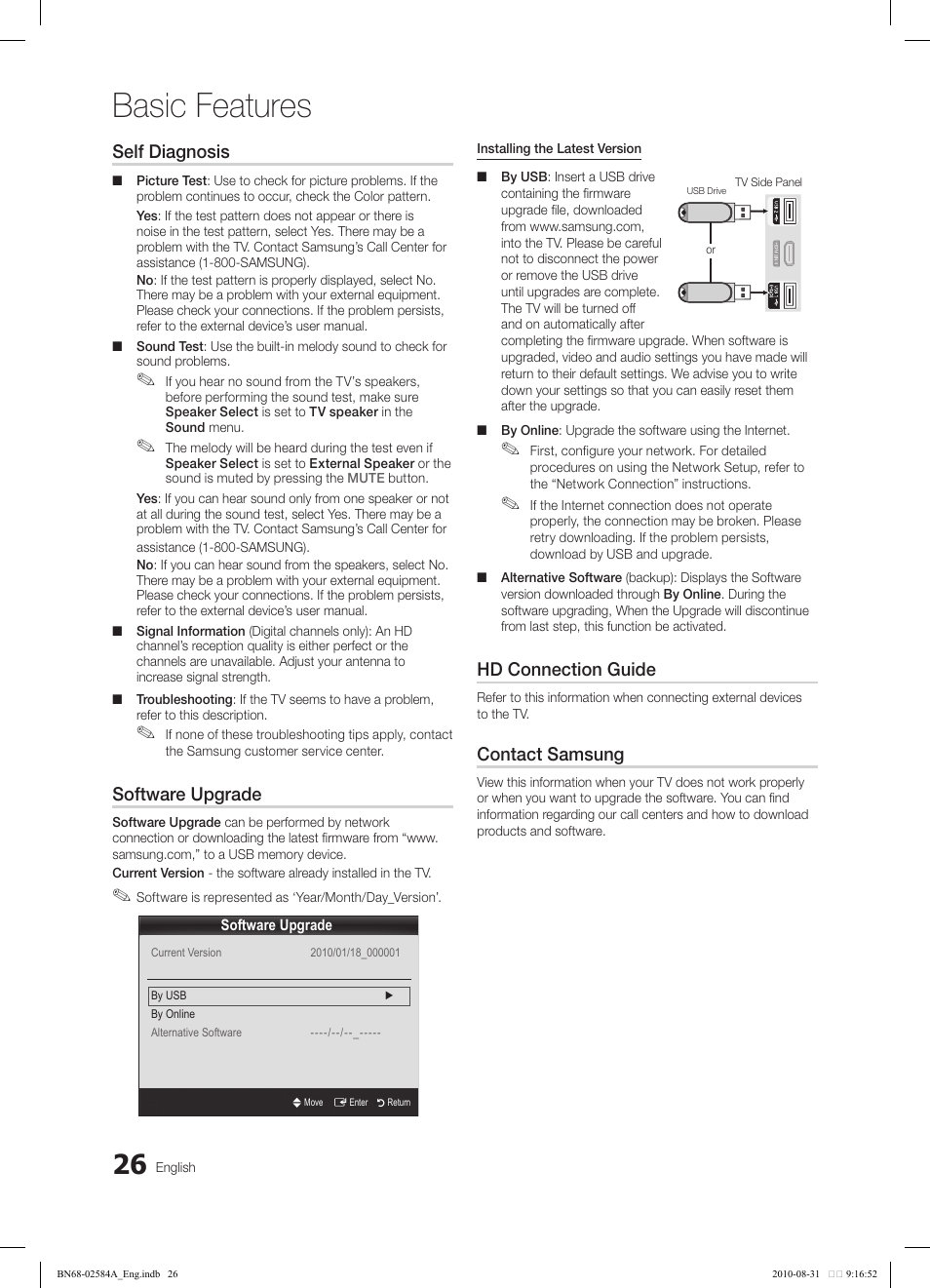 Basic features, Self diagnosis, Software upgrade | Hd connection guide, Contact samsung | Samsung 750 User Manual | Page 26 / 184