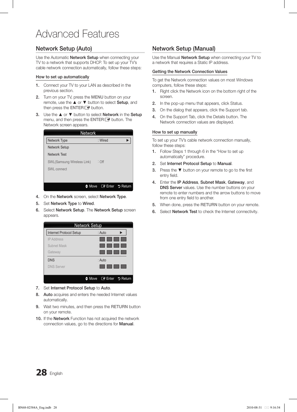 Advanced features, Network setup (auto), Network setup (manual) | Samsung 750 User Manual | Page 28 / 184