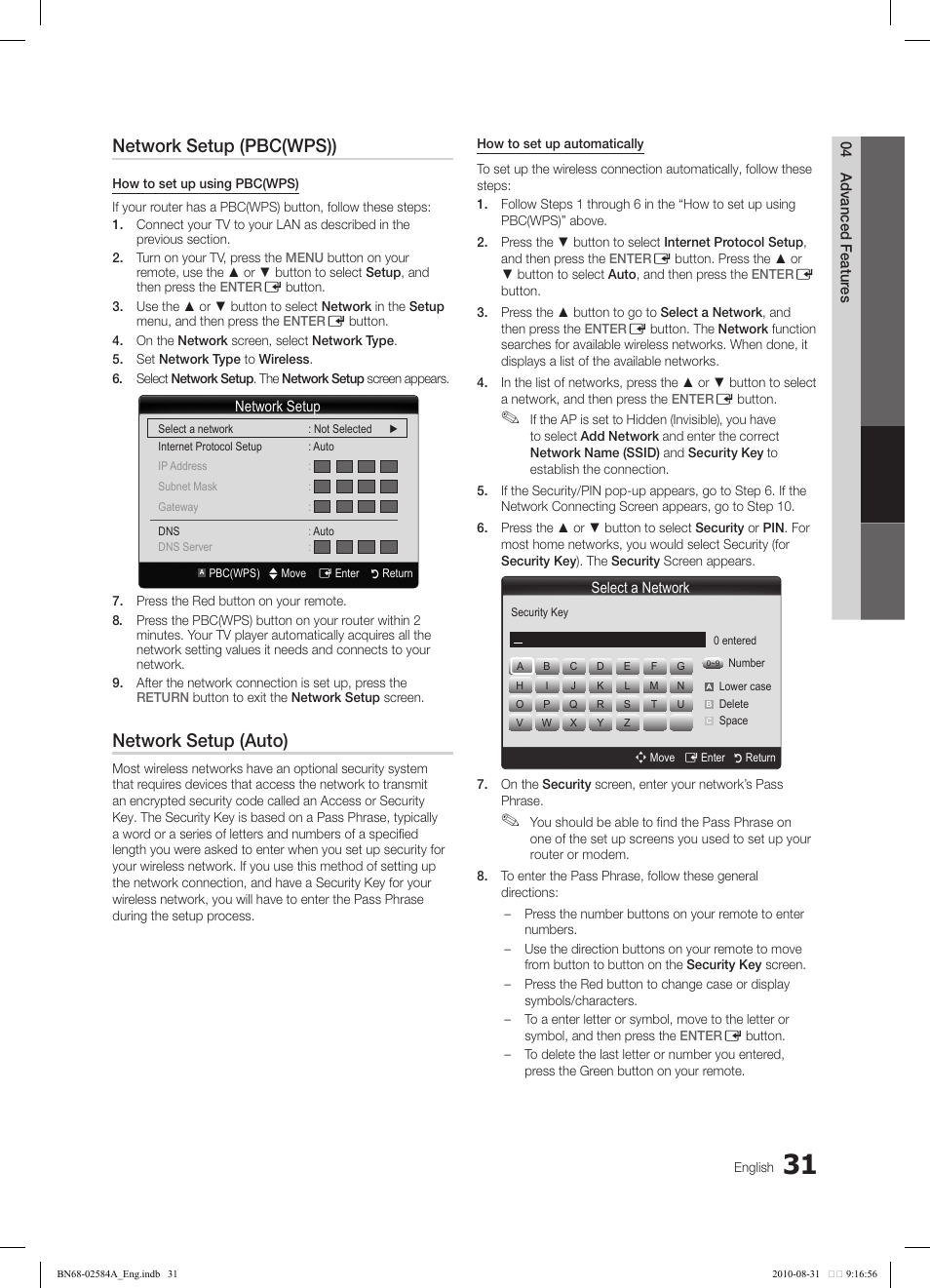 Network setup (pbc(wps)), Network setup (auto) | Samsung 750 User Manual | Page 31 / 184