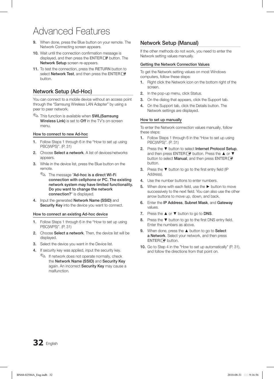 Advanced features, Network setup (ad-hoc), Network setup (manual) | Samsung 750 User Manual | Page 32 / 184