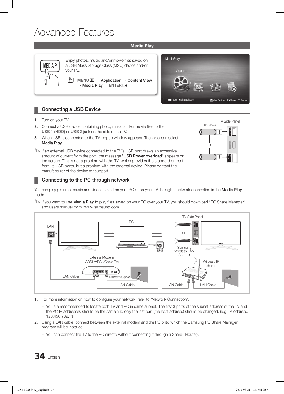 Advanced features, Yahoo ch list, Tv internet | Samsung 750 User Manual | Page 34 / 184