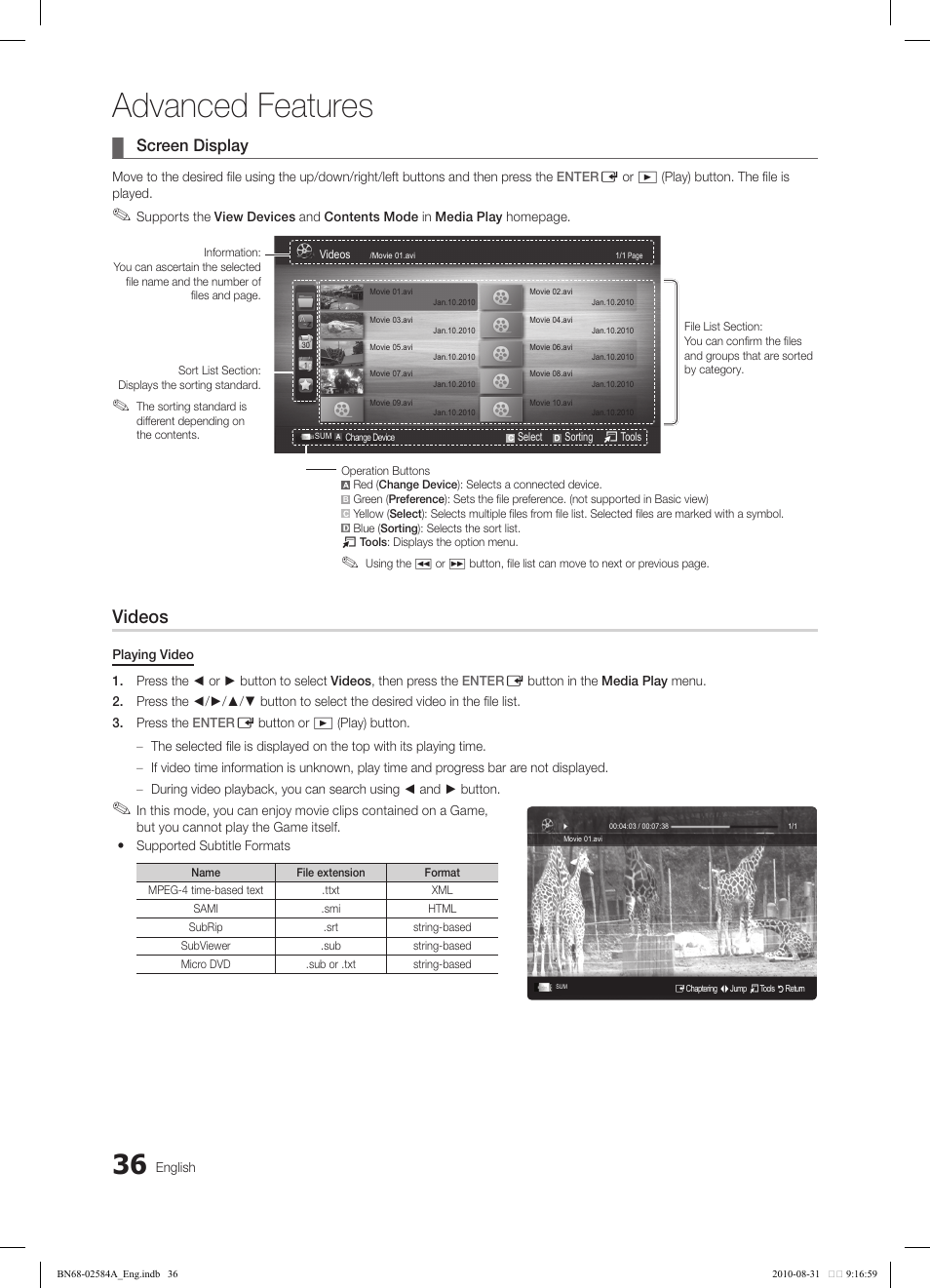 Advanced features, Videos, Screen display | Samsung 750 User Manual | Page 36 / 184